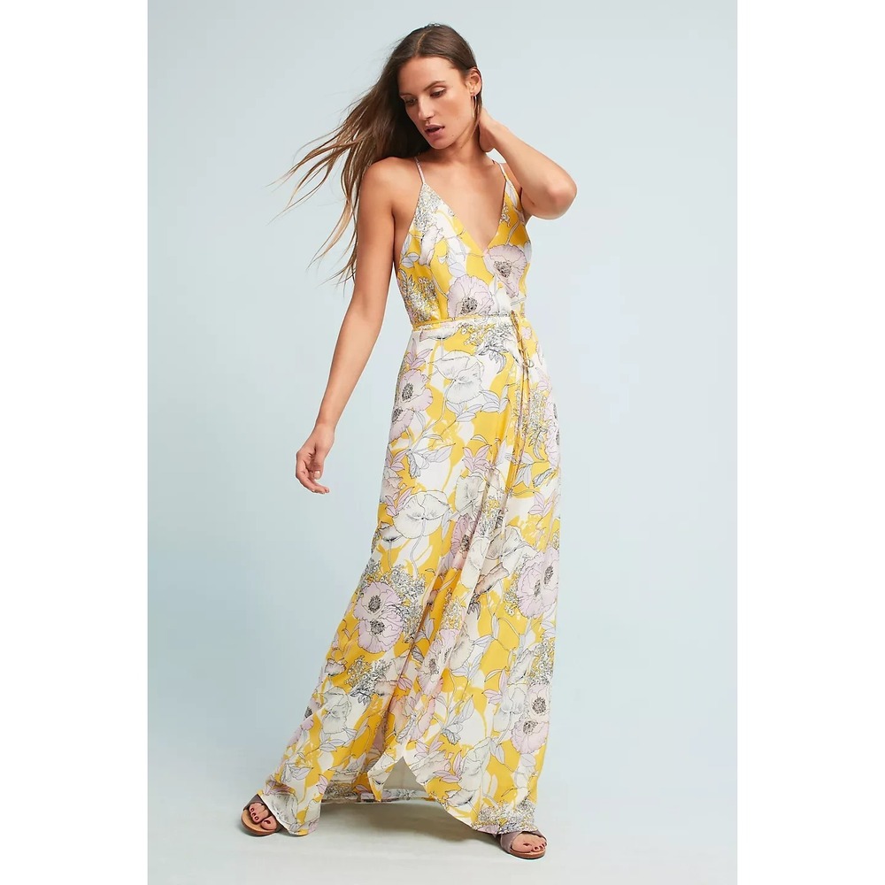 Yumi Kim Anthropologie Silk Floral Maxi Dress Rush Hour Wrap Tie Front Yellow XS - Picture 16 of 16